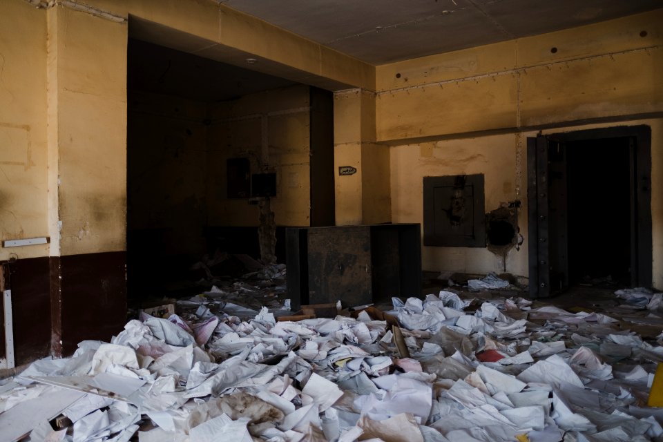 Views inside Rashid Bank in May 2019 in the city center of Shingal, following war with the Islamic State 02