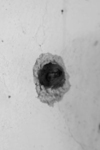 Views on 28th June 2019 of a bullet in a wall at the destroyed Catholic cathedral in Sinjar 17