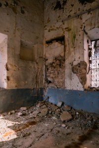 Views on 28th June 2019 of a bomb impact on a wall at the destroyed Catholic cathedral in Sinjar 19