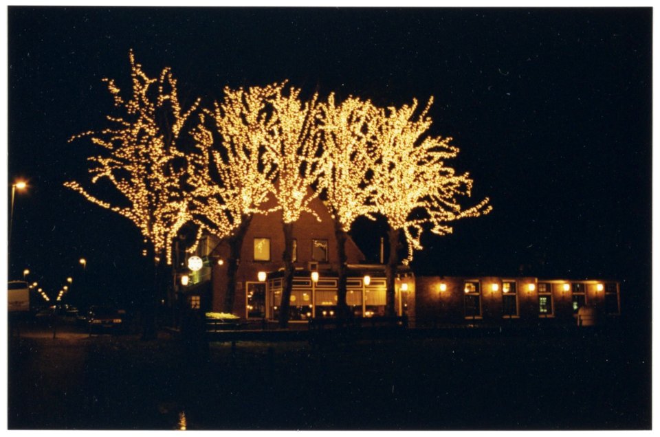 Verlichte bomen voor het café Het wapen van Kennemerland aan het eind van de Ramplaan. NL-HlmNHA 54036029