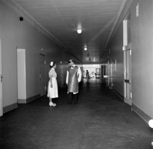 Verpleegster en een radiodiagnostisch laborant in gesprek in een gang van het zi, Bestanddeelnr 252-9131