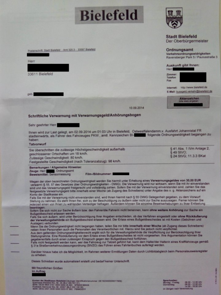 Verwarnungsgeldbescheid der Stadt Bielefeld wegen Überschreitens der zulässigen Höchstgeschwindigkeit im Jahr 2014