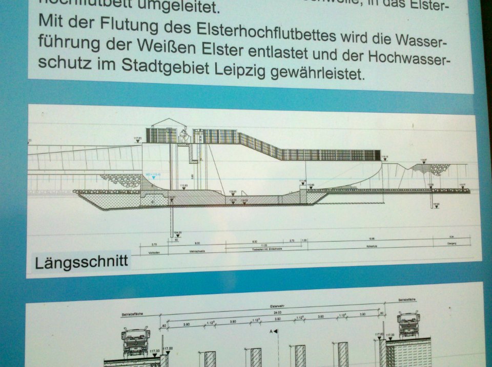 Verteilerbauwerk Knauthain im Laufe der Weißen Elster -Infotafel Technische Daten- im April 2020b