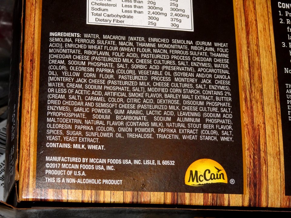 Very long ingredients list with may preservatives on highly processed food