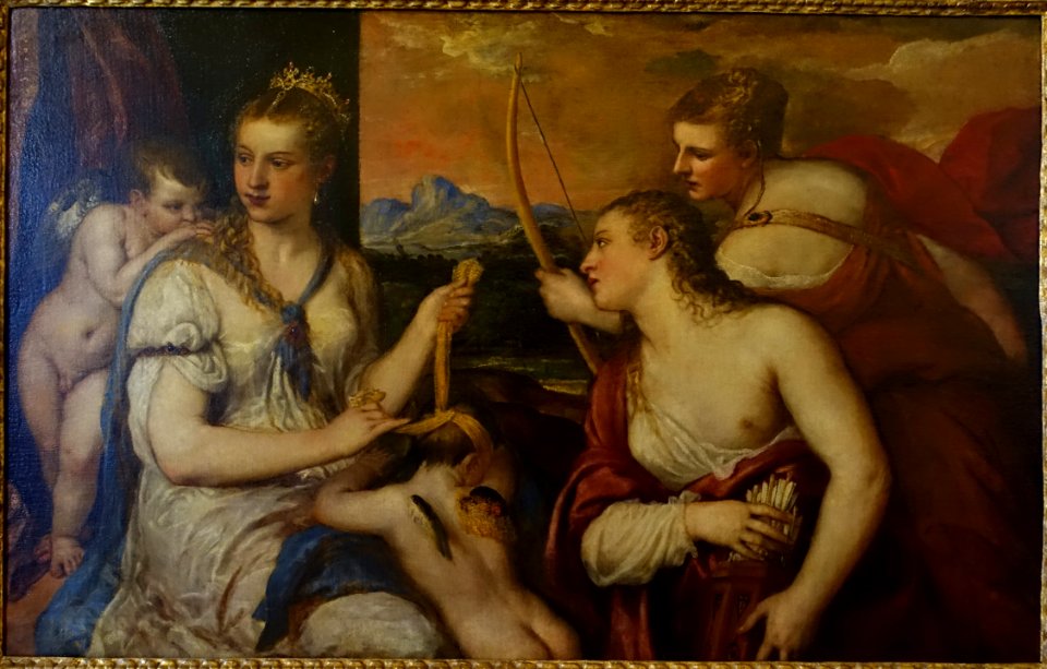 Venus Blindfolding Cupid, by Tiziano Vecellio, c. 1565, oil on canvas - Galleria Borghese - Rome, Italy - DSC04686