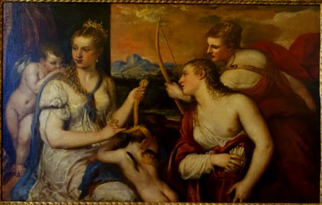Venus Blindfolding Cupid, by Tiziano Vecellio, c. 1565, oil on canvas - Galleria Borghese - Rome, Italy - DSC04686
