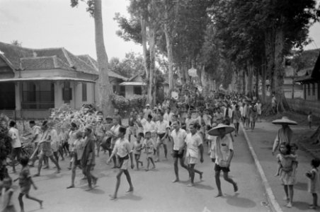 Viering verjaardag koningin Wilhelmina. Optocht. Publiek voert borden mee, Bestanddeelnr 350-4-2