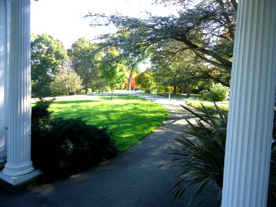 View from entranceway at Frelinghuysen Arboretum house with pillars
