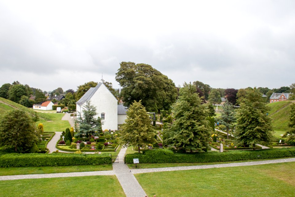 View from the top of the Kongernes Jelling, church and cemetery, July 2015