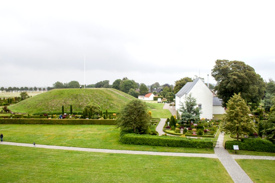View from the top of the Kongernes Jelling, northern mound and the church, July 2015