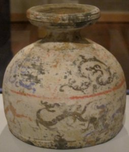 Vessel with dragon design, Han dynasty, earthenware with polychrome, Honolulu Museum of Art photo