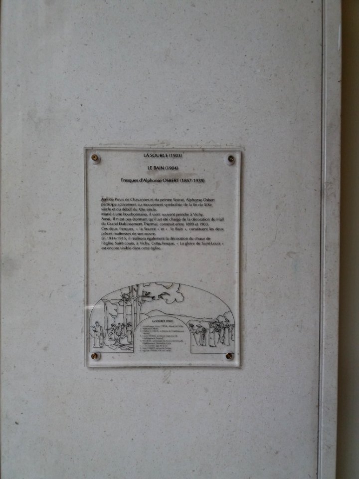 Vichy - Centre thermal des Dômes - Salle du grand dôme, plaque sur les fresques