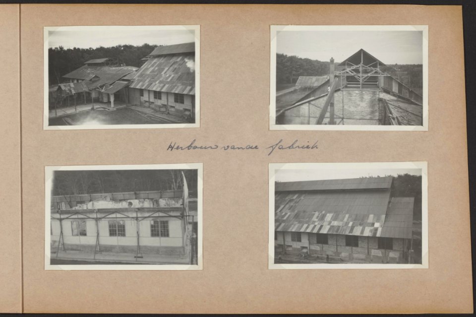 Vier fotos van de verwoeste fabriek op de rubberonderneming Bandar Negri op Sum, Bestanddeelnr 826 11