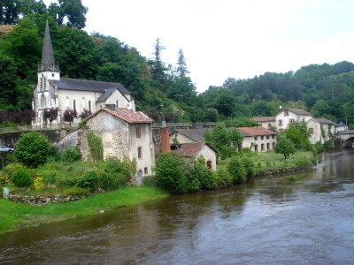 Vienne river and church Pont-de-Noblat (Haute-Vienne, Fr)