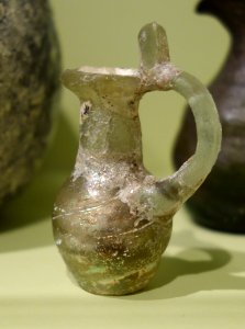 Vial, Eastern Mediterranean, 100 BC - 200 AD, free-blown glass, applied handle - Huntington Museum of Art - DSC04840