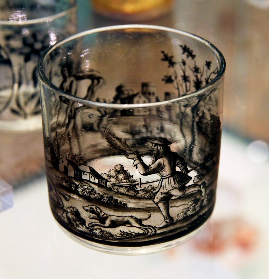 Victoria and Albert Museum Glassware 17042019 Glass painted in black enamels Nuremberg About 1680 7294