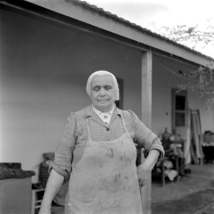 Vrouw met een schort staand voor een gebouw van de kibboets, Bestanddeelnr 255-0658