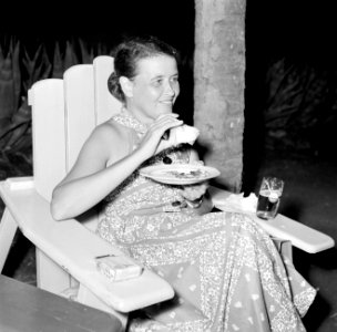 Vrouw aan de maaltijd in een adirondack chair, Bestanddeelnr 252-3087