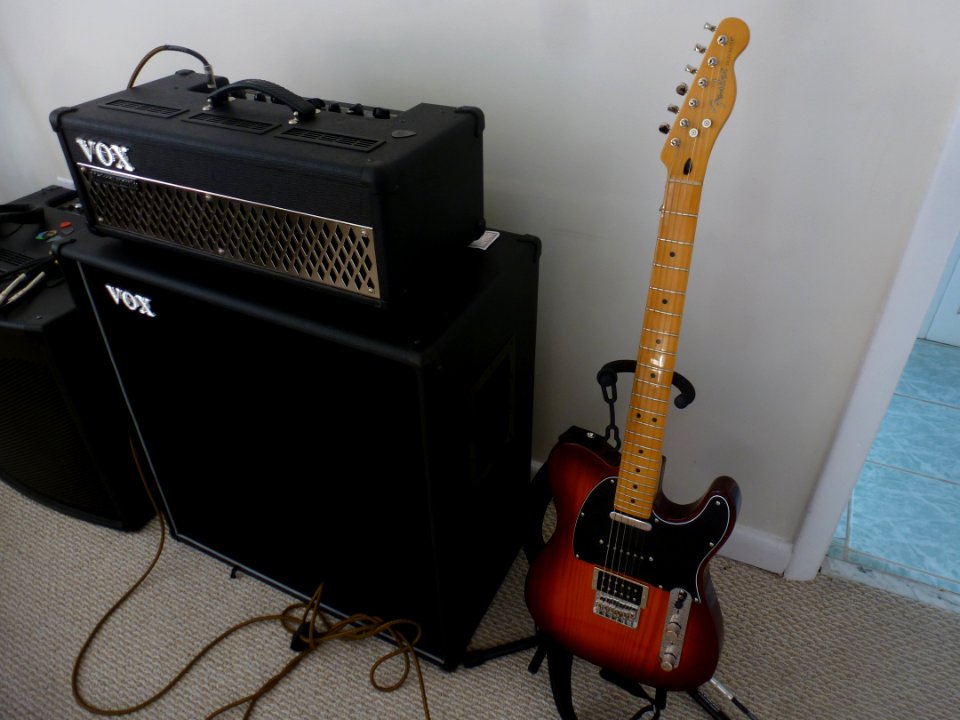 Vox Valvetronix AD100VT half stack amp and Fender Telecaster guitar 01