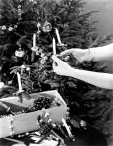 Vrouw versiert Kerstboom met kaarsjes, Bestanddeelnr 252-0951