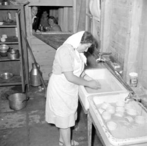 Vrouw aan de afwas in de keuken van de kibboets, Bestanddeelnr 255-0802