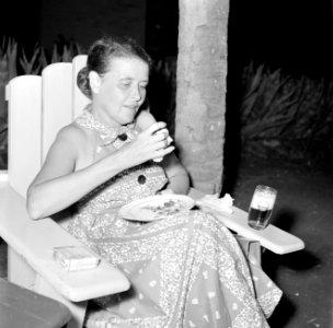 Vrouw aan de maaltijd in een adirondack chair, Bestanddeelnr 252-3088