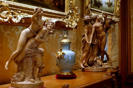 Votaries of Bacchus (foreground, early 1780s) with Two nymphs and a satyr (background, c. 1784), by Clodion, terracotta - Waddesdon Manor - Buckinghamshire, England - DSC07701