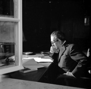 Walter Mehring lezend achter een bureau, Bestanddeelnr 254-5077