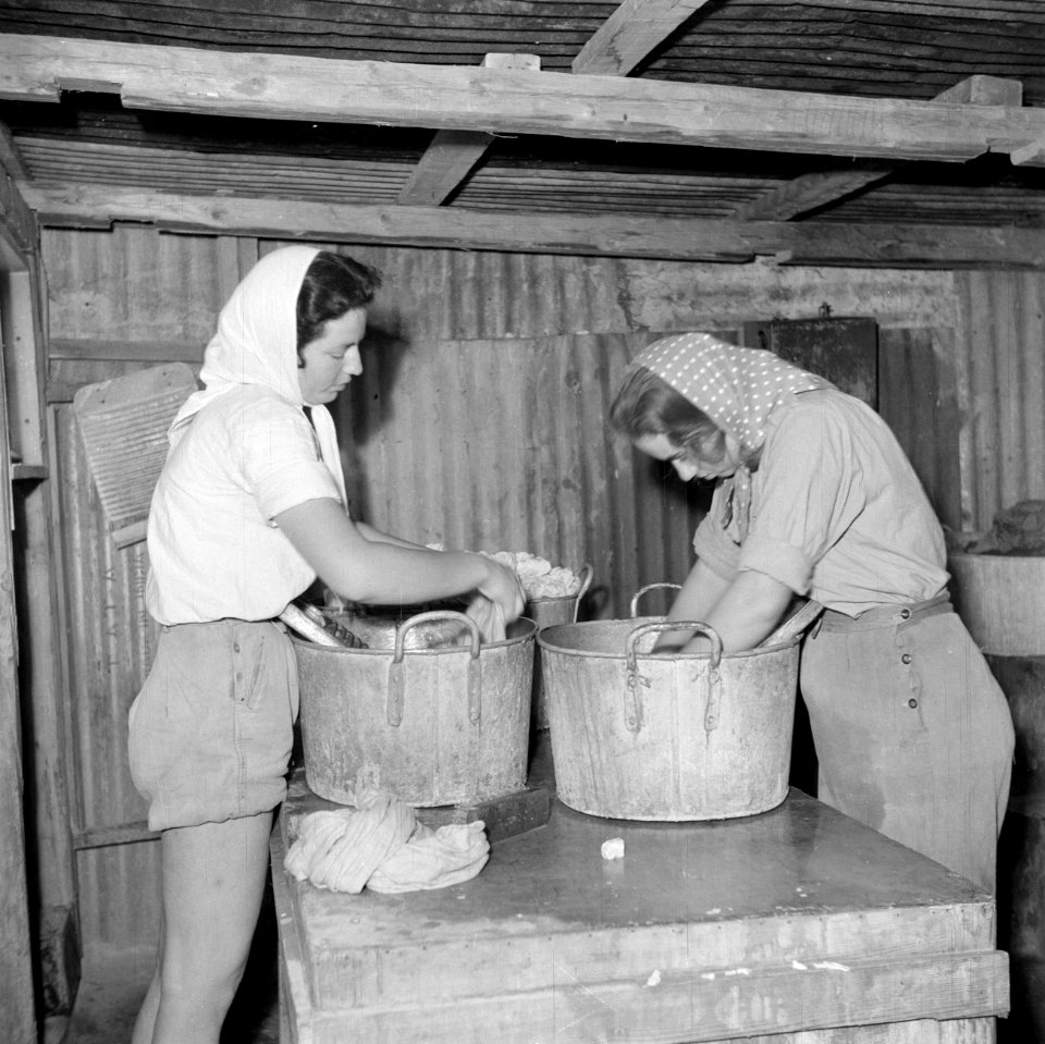Vrouwen doen de was met wastobbes en wasborden in plaatijzeren barak, Bestanddeelnr 255-0803