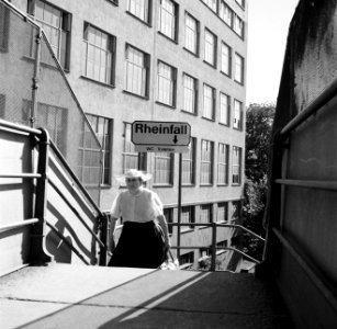 Vrouw op de trappen naar de watervallen bij Schaffhausen, Bestanddeelnr 254-1806