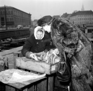 Vrouwen bij de koopwaar op de vismarkt in Kopenhagen, Bestanddeelnr 252-8839