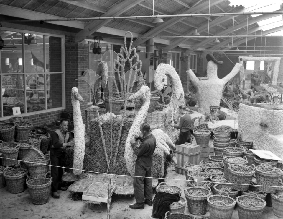 Voorbereidingen voor het bloemencorso in de bollenstreek het optuigen van de pra, Bestanddeelnr 910-3208