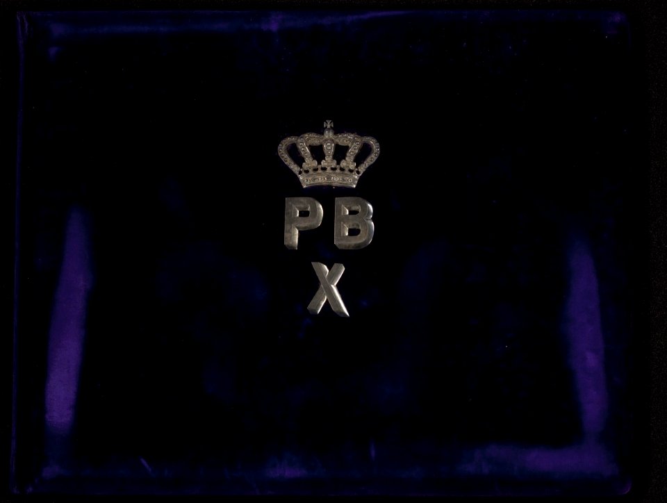 Voorkant fotoalbum in paars fluweel met metalen zilverkleurige initialen PB X, m, Bestanddeelnr 818 01