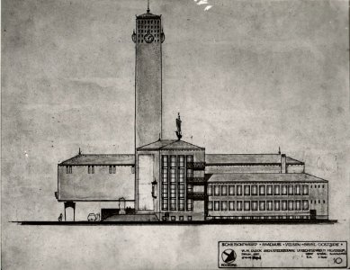 Voorlopig ontwerp voor een Raadhuis te Velsen, aan het Raadhuisplein, te IJmuiden. (architect W.M. Dudok). Aangekocht in 1976 van fotograaf C. de Boer. Identificatienummer 54-010320, NL-HlmNHA 54010320