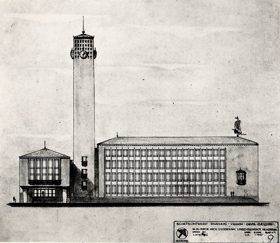 Voorlopig ontwerp voor een Raadhuis te Velsen, aan het Raadhuisplein, te IJmuiden. Aangekocht in 1976 van fotograaf C. de Boer. Identificatienummer 54-010322, NL-HlmNHA 54010752