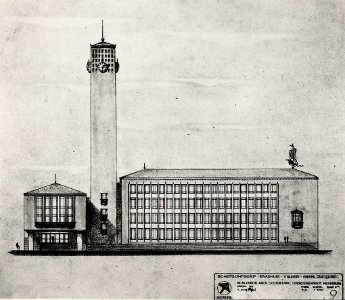 Voorlopig ontwerp voor een Raadhuis te Velsen, aan het Raadhuisplein, te IJmuiden. Aangekocht in 1976 van fotograaf C. de Boer. Identificatienummer 54-010322, NL-HlmNHA 54010752