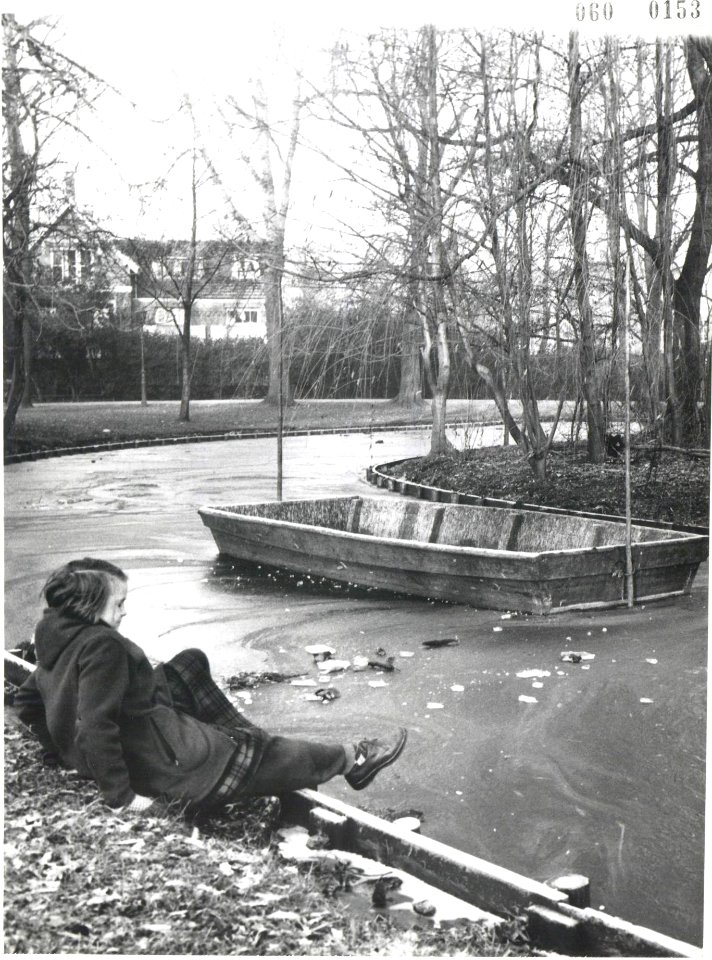 Vorst in Nederland. Mesje probeert sterkte van het ijs uit in het Vondelpark te , Bestanddeelnr 060-0153