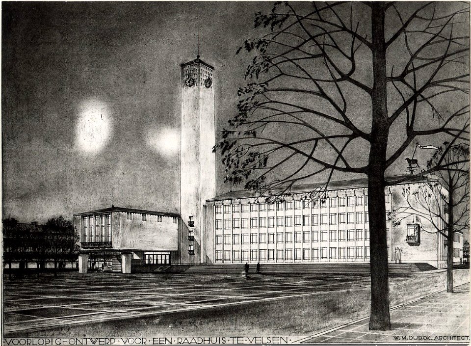 Voorlopig ontwerp voor een Raadhuis te Velsen, aan het Raadhuisplein, te IJmuiden (arcitect W.M. Dudok). Aangekocht in 1976 van fotograaf C. de Boer. Identificatienummer 54-010321, NL-HlmNHA 1478 25900 K 38