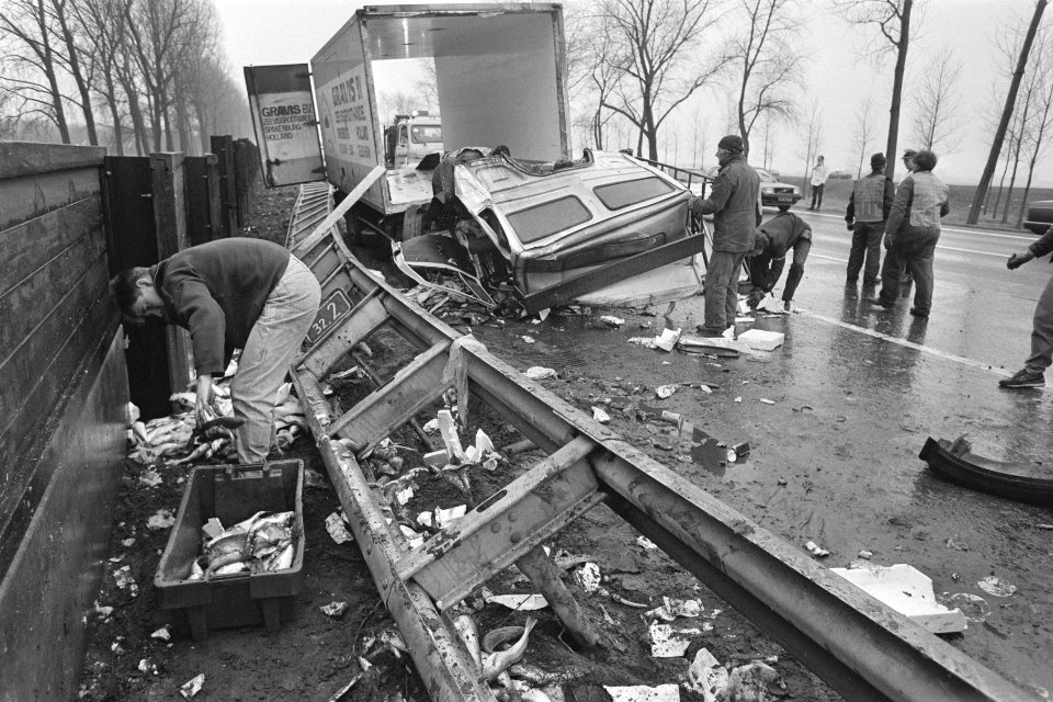 Vrachtwagen met vis verongelukt op A12 Den Haag , Utrecht, Bestanddeelnr 933-8884