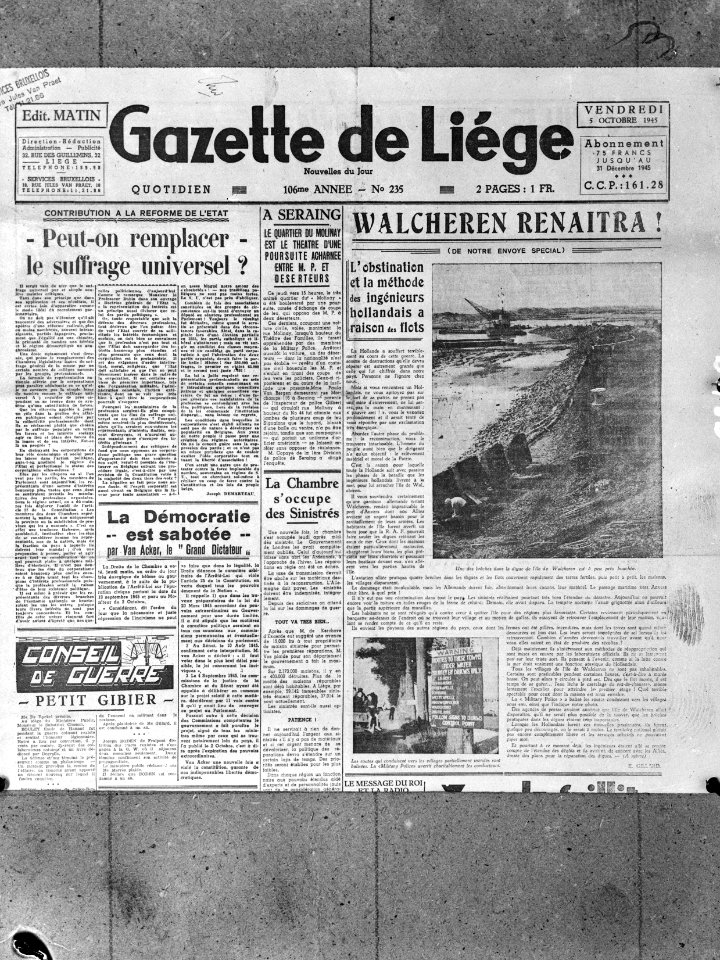 Voorpagina van de Gazette de Liége met een artikel over de droogmaking van Walch, Bestanddeelnr 900-9349