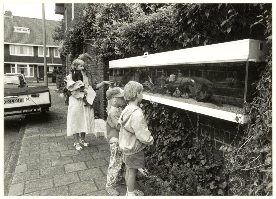 Vorsterman van Oyenstraat, nabij de Rechthuisstraat. Een aquarium in een schutting. NL-HlmNHA 54031746