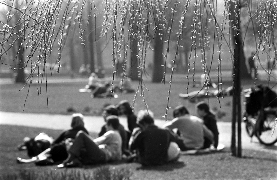 Voorjaar. Mensen genieten van de middagpauze in het Vondelpark, Bestanddeelnr 921-2018