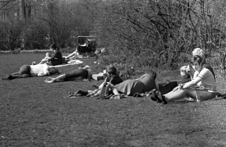 Voorjaar. Mensen genieten van de middagpauze in het Vondelpark, Bestanddeelnr 921-2020