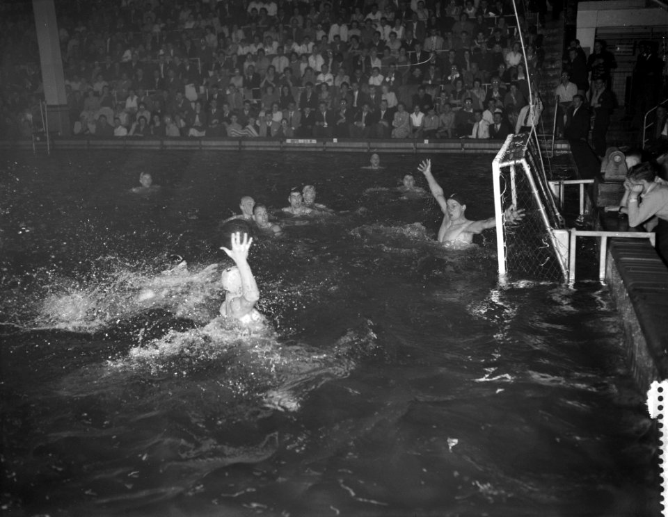 Voor de 25ste maal zwemwedstrijden om de I. P. Hauserbeker , moment uit de water, Bestanddeelnr 911-1606