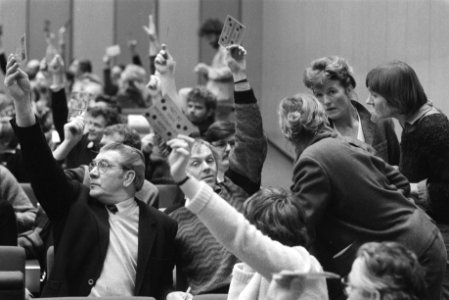 Voortzetting CPN-congres in Amsterdam Fre Meis (l) e.a tijdens stemming, Bestanddeelnr 932-8809