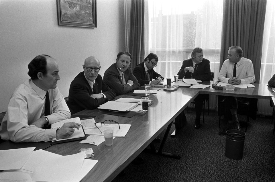 Voorzitters confessionelen Aantjes (AR), Tilanus (CHU), Veerman (AR), Andriessen, Bestanddeelnr 926-2774