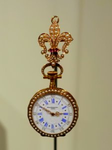 Watch, Patek Philippe & Company, Geneva, 1888, gold, pearl, enamel, ruby, silk, wood, ivory - Peabody Essex Museum - DSC07626