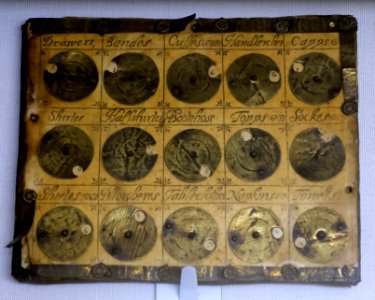 Washing tally, England, 1600-1700, oak board, brass, horn, printed sheet covered with talc - Museum, Haddon Hall - Bakewell, Derbyshire, England - DSC02956