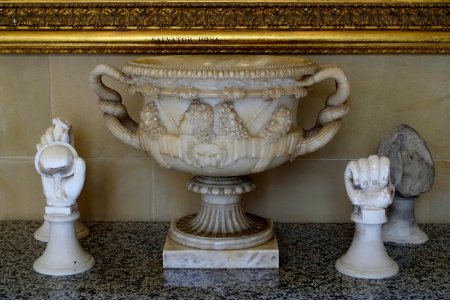 Warwick Vase, reproduction in alabaster, with sculpture fragments - Chapel Corridor, Chatsworth House - Derbyshire, England - DSC03027