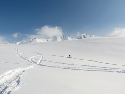 Travel by snowmobile footprints in the snow mountains